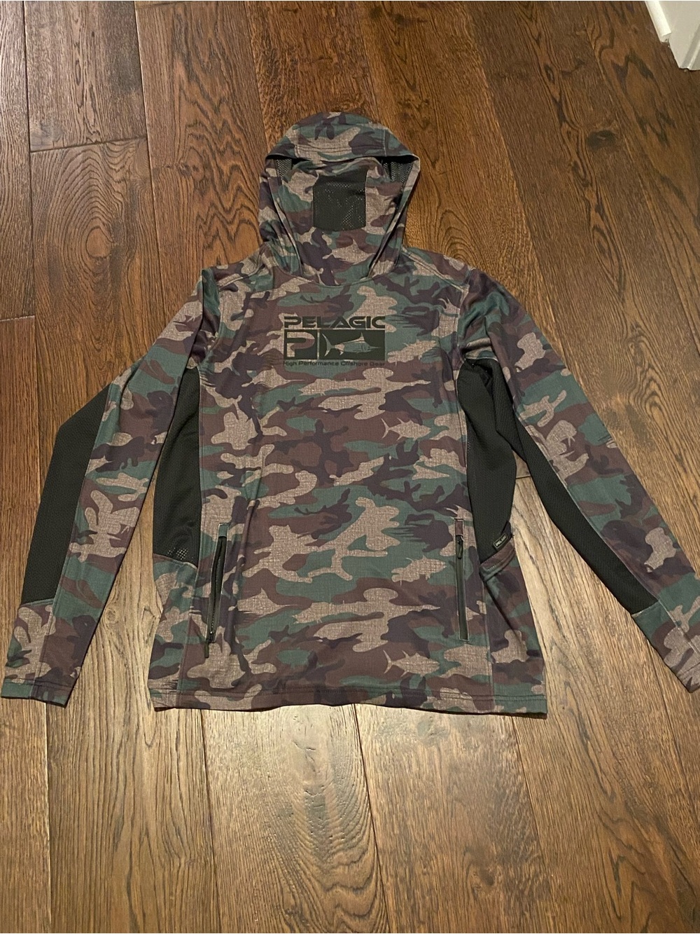 Pelagic Men's Camo hooded fishing shirt with face covering